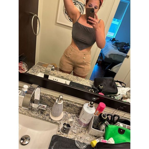Tan Suede Military Shorts - Size Large  with Pockets - Picture 1 of 9
